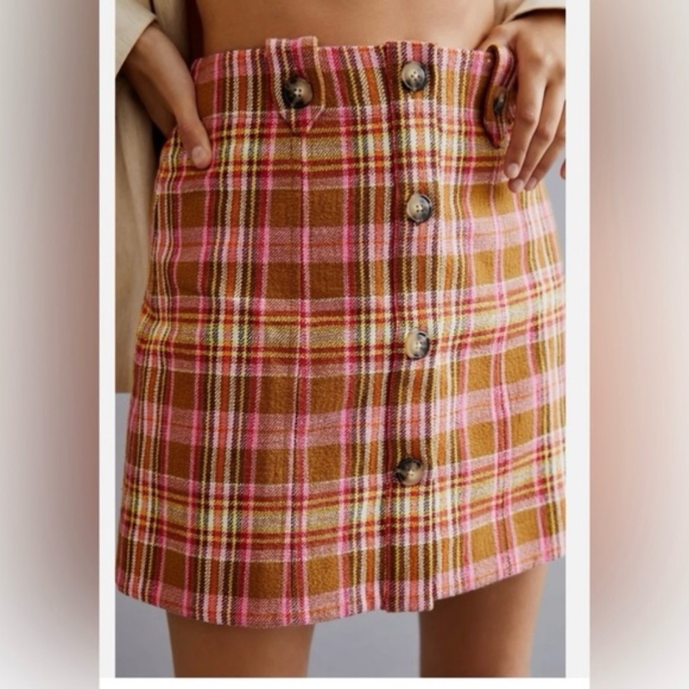 Maeve Anthropologie Pink and Brown Plaid Mini Skirt